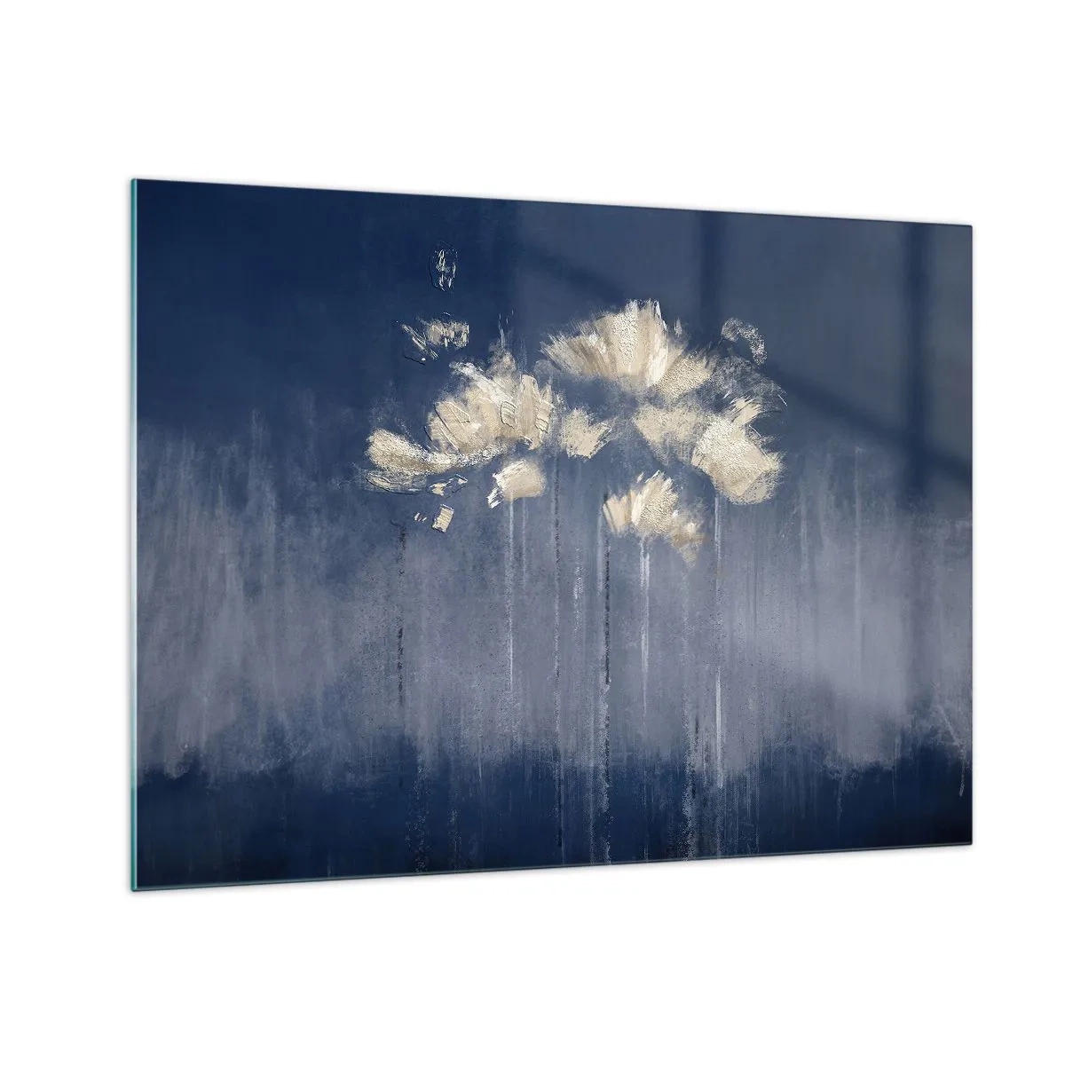 Obraz na skle - Zlaté abstraktní květinové aranžmá na tmavě modrém pozadí - 70x50cm - Jako okvětní lístky ve větru - Moderní nástěnná dekorace do obývacího pokoje a ložnice ARTTOR