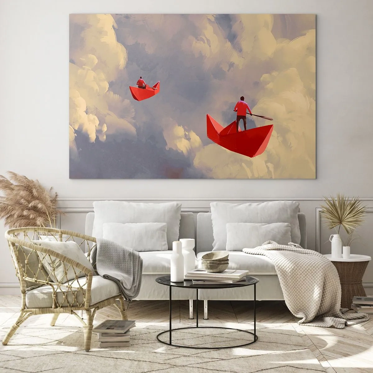 Obraz na skle - Dva lidé v červených lodích proti zatažené obloze - 70x50cm - Výprava snílků - Moderní nástěnná dekorace do obývacího pokoje a ložnice ARTTOR