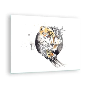 Obraz na skle - Leopard v dynamické, abstraktní kompozici - 70x50cm - Dravá krása - Moderní nástěnná dekorace do obývacího pokoje a ložnice ARTTOR