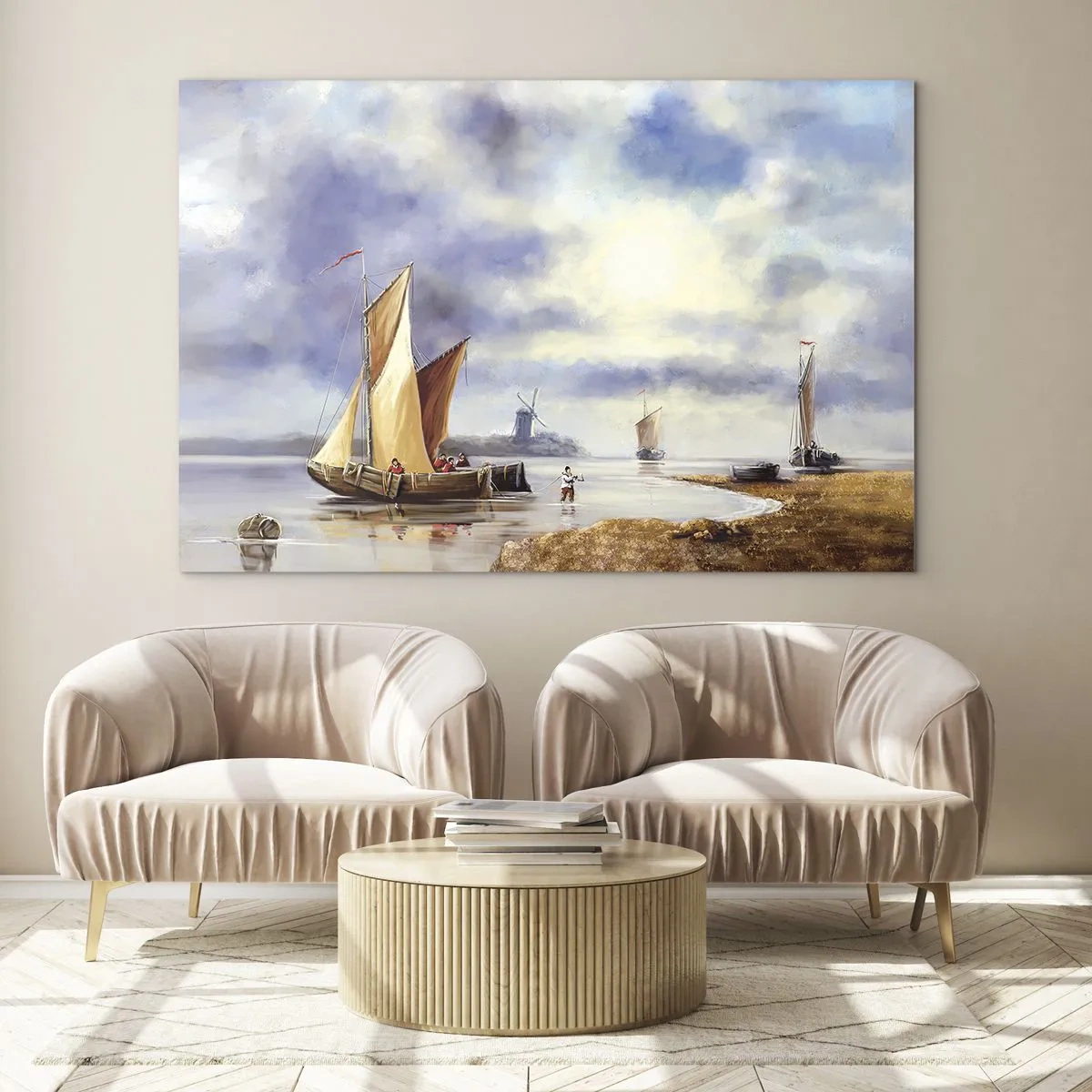 Obraz na skle - Plachetnice na klidném jezeře s větrnými mlýny v pozadí - 70x50cm - Návrat námořníků - Moderní nástěnná dekorace do obývacího pokoje a ložnice ARTTOR
