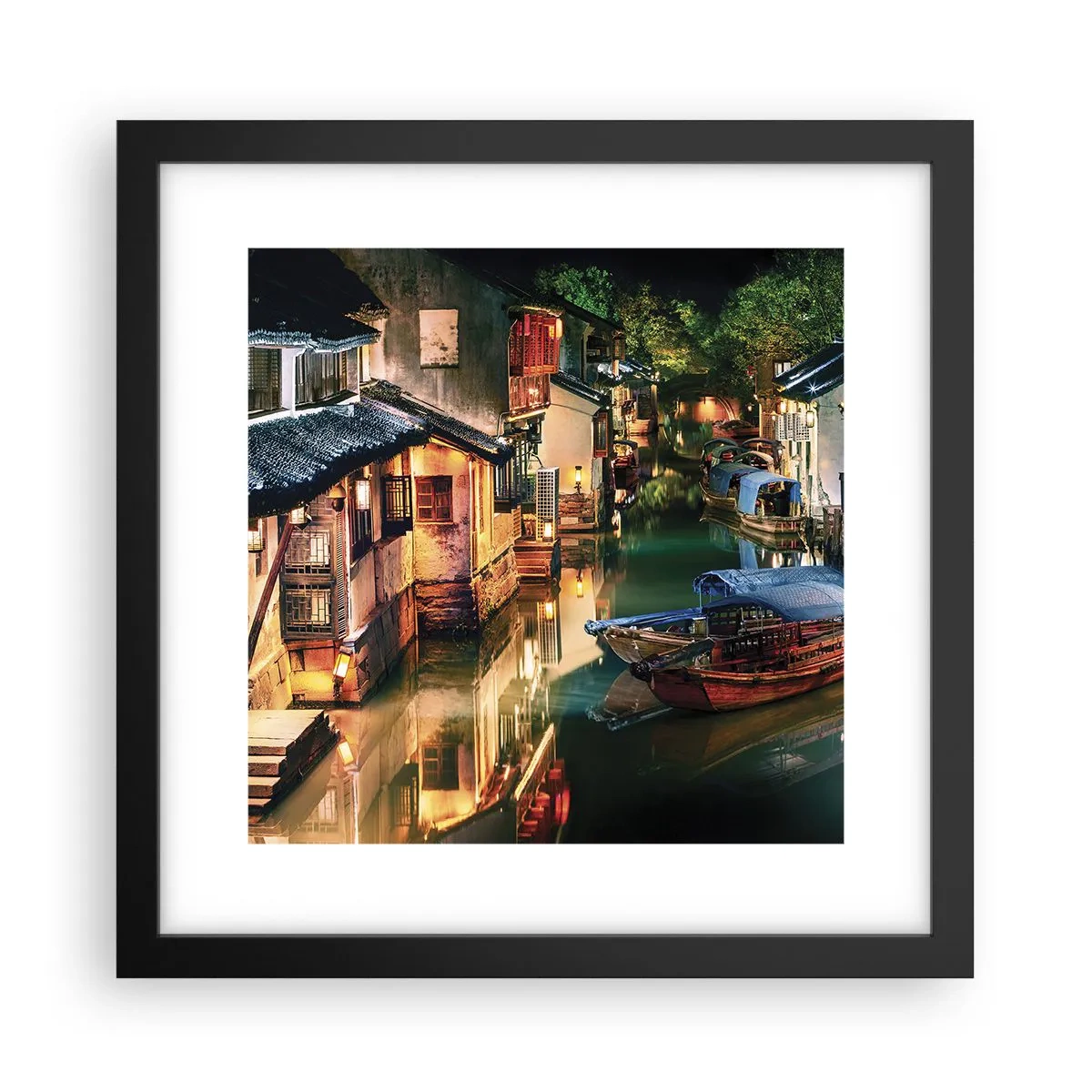 Plakát v černém rámu - Večer na čínské ulici - 30x30 cm