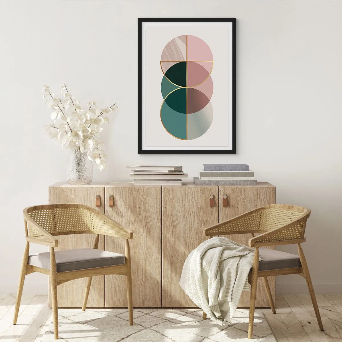 Plakát v černém rámu - Abstraktní geometrické kompozice s kruhy a zlatem - 50x70cm - Kruhy… - Moderní nástěnná dekorace do obývacího pokoje a ložnice ARTTOR