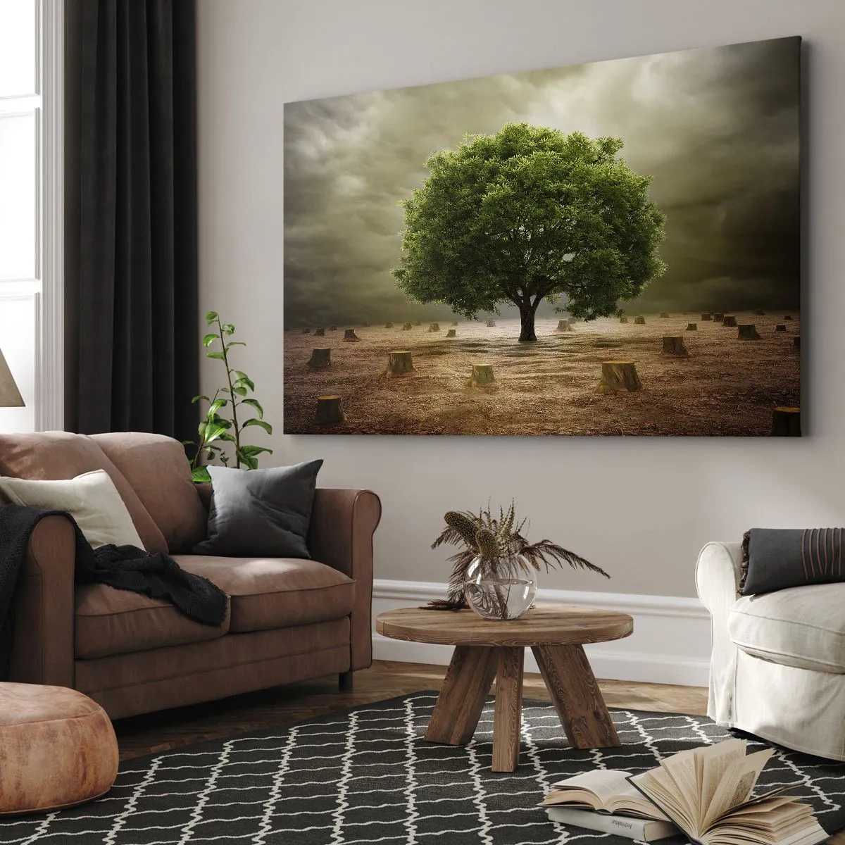 Obraz na plátně - Zelený strom obklopený pokácenými kmeny stromů proti zatažené obloze - 70x50cm - Celá naděje - Moderní nástěnná dekorace do obývacího pokoje a ložnice ARTTOR