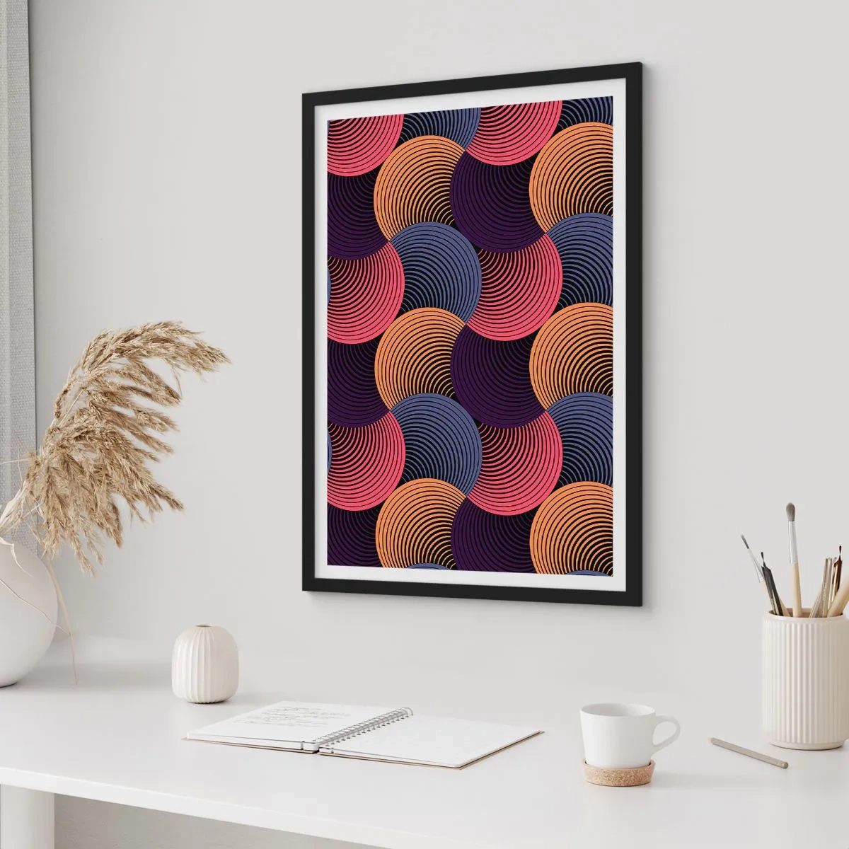 Plakát v černém rámu - Geometrický vzor s barevnými soustřednými kruhy - 50x70cm - V kruhovém rytmu - Moderní nástěnná dekorace do obývacího pokoje a ložnice ARTTOR