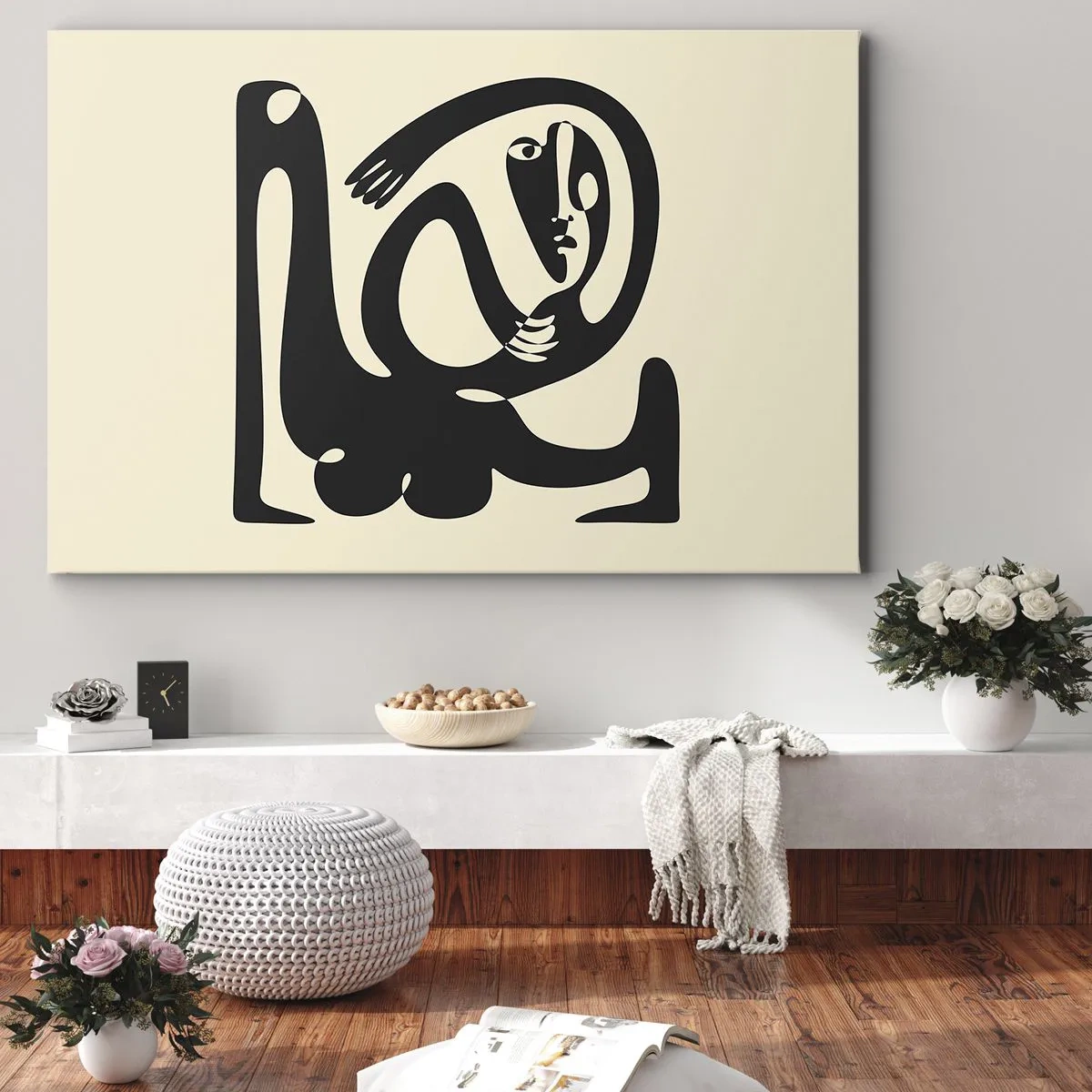 Obraz na plátně - Abstraktní postava v černé barvě na béžovém pozadí - 70x50cm - Téměř Picasso - Moderní nástěnná dekorace do obývacího pokoje a ložnice ARTTOR