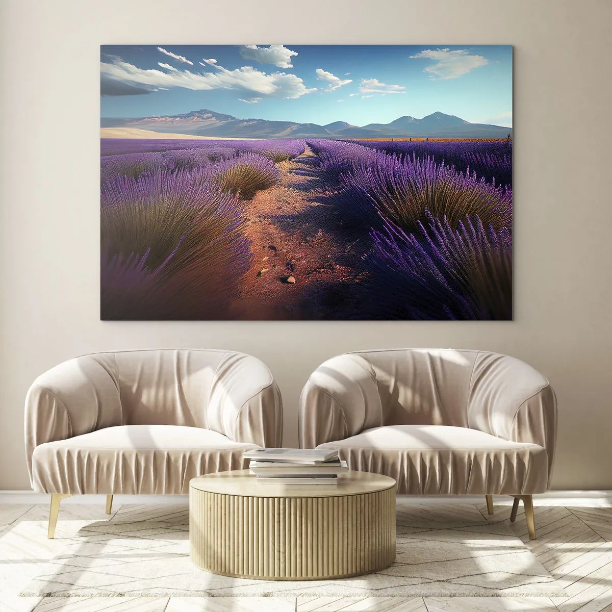 Obraz na skle - Levandulová pole při západu slunce s výhledem na hory - 70x50cm - Voňavá pole - Moderní nástěnná dekorace do obývacího pokoje a ložnice ARTTOR