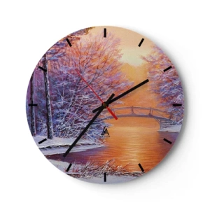 Nástěnné hodiny - Zimní krajina s mostem přes řeku, stromy a sněhem - 30x30cm - Sejdeme se zde - Moderní nástěnná dekorace do obývacího pokoje, kuchyně a ložnice ARTTOR