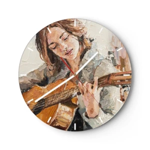 Nástěnné hodiny - Portrét ženy hrající na kytaru v malířském stylu - 30x30cm - Koncert pro kytaru a dívčí srdce - Moderní nástěnná dekorace do obývacího pokoje, kuchyně a ložnice ARTTOR