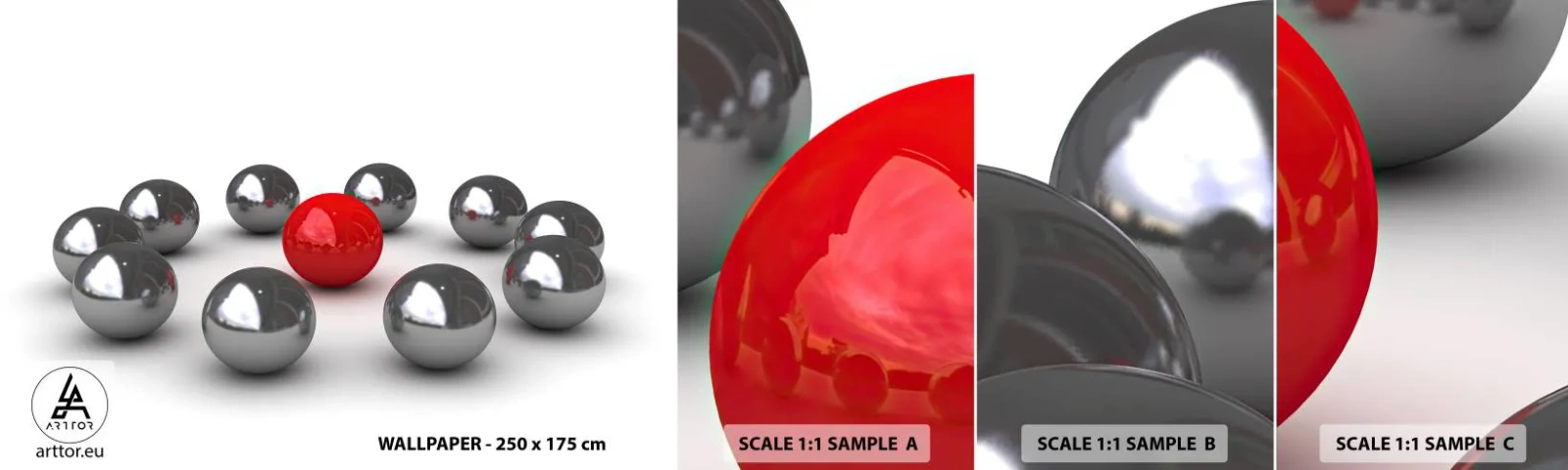 Fototapeta Vzorek Standard Eco - Kruh v stříbrné a červené - Abstrakce, 3D, Kulaté koule - 100x30 cm