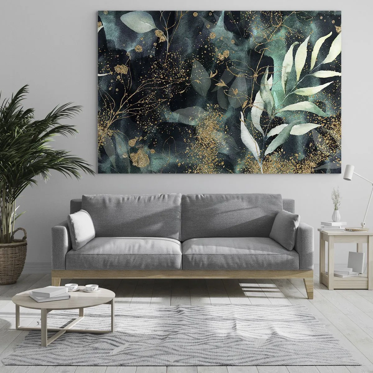 Obraz na skle - Zlaté a zelené listy na tmavém pozadí - 70x50cm - Kouzelná zahrada - Moderní nástěnná dekorace do obývacího pokoje a ložnice ARTTOR