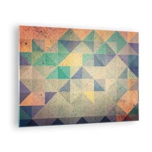 Obraz na skle - Barevná mozaika s geometrickými trojúhelníky v retro stylu - 70x50cm - Republika trojúhelníků - Moderní nástěnná dekorace do obývacího pokoje a ložnice ARTTOR