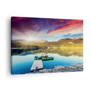 Obraz na plátně - Západ slunce nad jezerem s loděmi u mola - 70x50cm - U vody hladké jako zrcadlo - Moderní nástěnná dekorace do obývacího pokoje a ložnice ARTTOR
