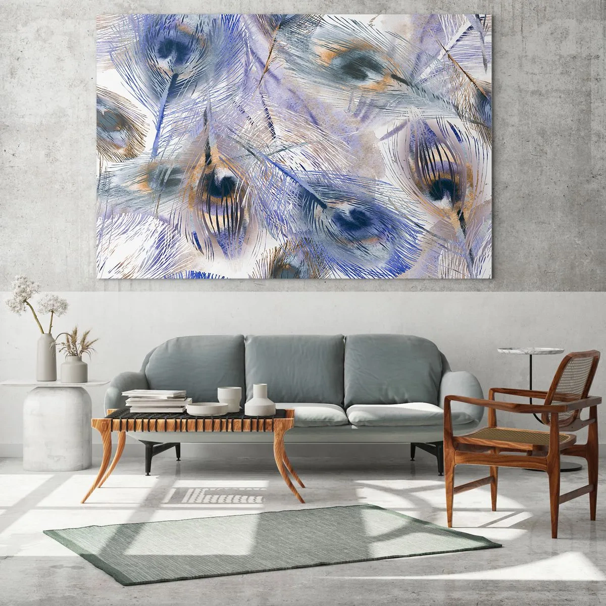 Obraz na skle - Jemná paví peří v odstínech modré a hnědé - 70x50cm - Kompozice pavího oka - Moderní nástěnná dekorace do obývacího pokoje a ložnice ARTTOR