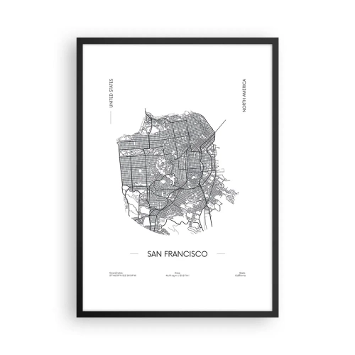 Plakát v černém rámu - Minimalistická mapa San Francisca v černé a bílé barvě. - 50x70cm - Anatomie San Francisca - Moderní nástěnná dekorace do obývacího pokoje a ložnice ARTTOR