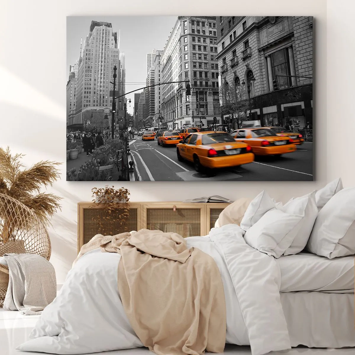 Obraz na plátně - Žluté taxíky v ulicích New Yorku - 70x50cm - Slunce velkoměsta - Moderní nástěnná dekorace do obývacího pokoje a ložnice ARTTOR