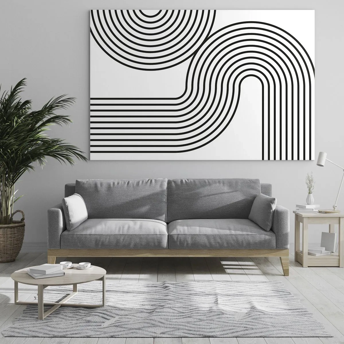 Obraz na skle - Černobílá grafika se zakřivenými rovnoběžnými čarami - 70x50cm - V zatáčce - Moderní nástěnná dekorace do obývacího pokoje a ložnice ARTTOR