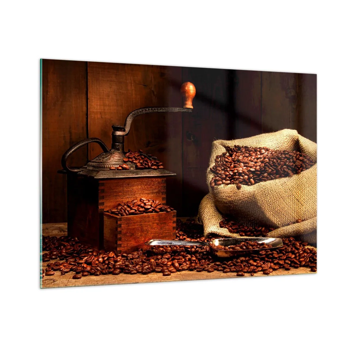 Obraz na skle - Zátiší se zrnky kávy a mlýnkem - 100x70 cm
