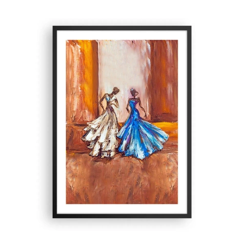 Plakát v černém rámu - Dvě ženy v šatech na pozadí zlatého interiéru - 50x70cm - Půvabné duo - Moderní nástěnná dekorace do obývacího pokoje a ložnice ARTTOR