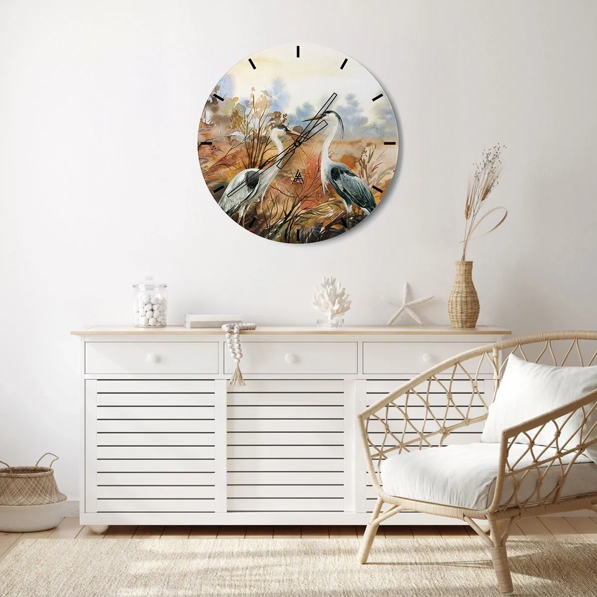 Nástěnné hodiny - Dva jeřábi v podzimní krajině s akvarelem - 30x30cm - Kam na podzim? - Moderní nástěnná dekorace do obývacího pokoje, kuchyně a ložnice ARTTOR