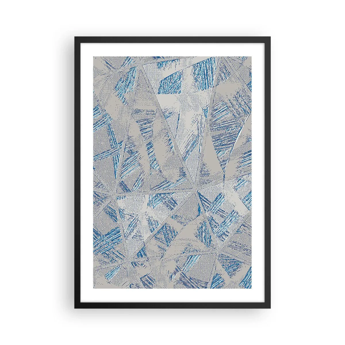 Plakát v černém rámu - Geometrická abstrakce v odstínech modré a šedé - 50x70cm - V šedomodrém labyrintu - Moderní nástěnná dekorace do obývacího pokoje a ložnice ARTTOR