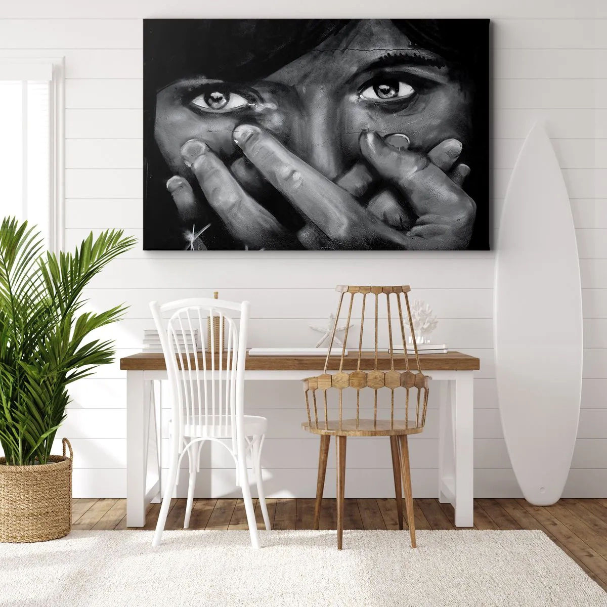 Obraz na plátně - Černobílý portrét ženy, která si zakrývá obličej rukama. - 70x50cm - Neřeknu, kdo to namaloval - Moderní nástěnná dekorace do obývacího pokoje a ložnice ARTTOR