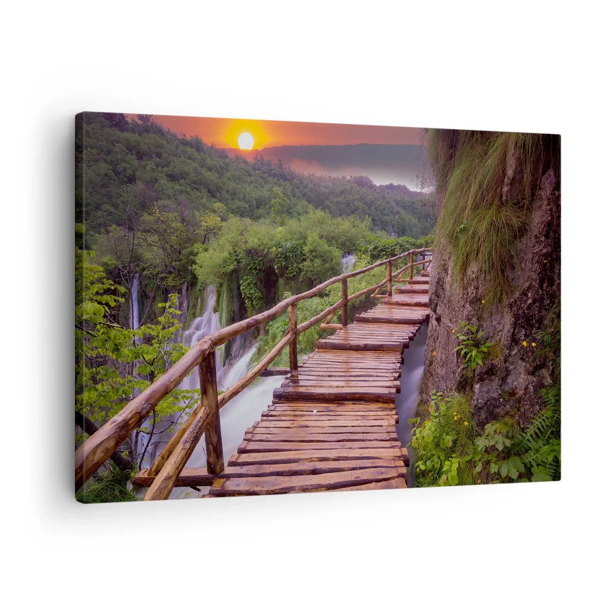 Obraz na plátně - Most s výhledem na vodopády při západu slunce - 70x50cm - Neuvěřitelná krása - Moderní nástěnná dekorace do obývacího pokoje a ložnice ARTTOR
