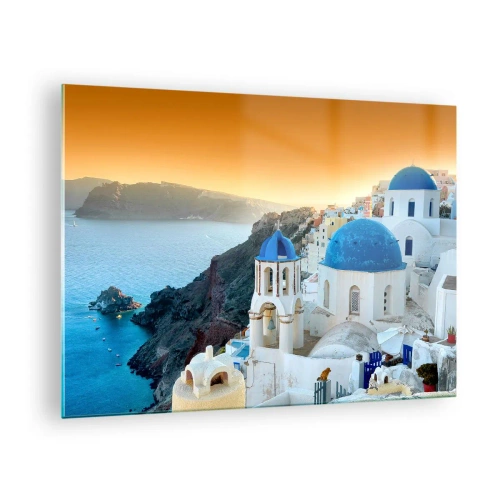 Obraz na skle - Pohled na Santorini s modrými kopulemi a útesy - 70x50cm - Santorini - přitulené ke skalám - Moderní nástěnná dekorace do obývacího pokoje a ložnice ARTTOR
