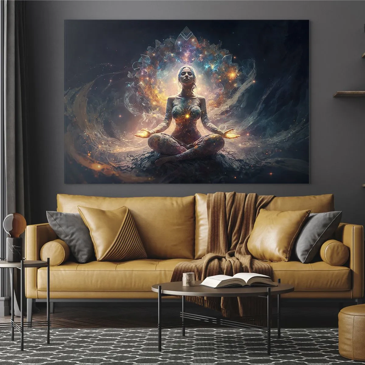 Obraz na skle - Meditující žena v zářivé auře energie a barev - 70x50cm - Proudění dobré energie - Moderní nástěnná dekorace do obývacího pokoje a ložnice ARTTOR