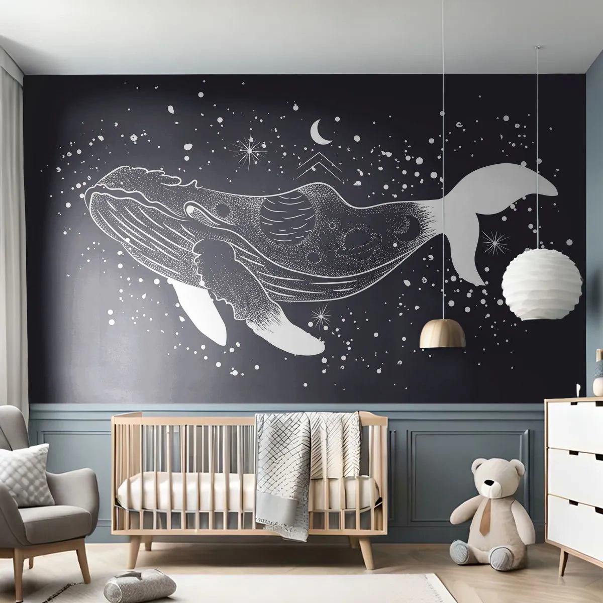 Fototapeta Standard Eco - V oceánu vesmíru - Abstrakce, Velryba, Černý a bílý - 350x256 cm