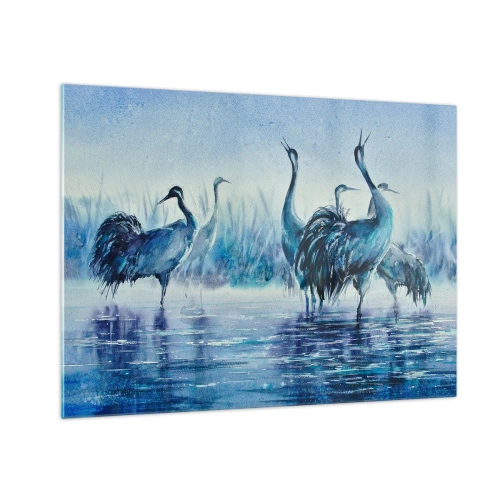 Obraz na skle - Ptáci brodící se v modré vodě - 70x50cm - Ranní setkání - Moderní nástěnná dekorace do obývacího pokoje a ložnice ARTTOR