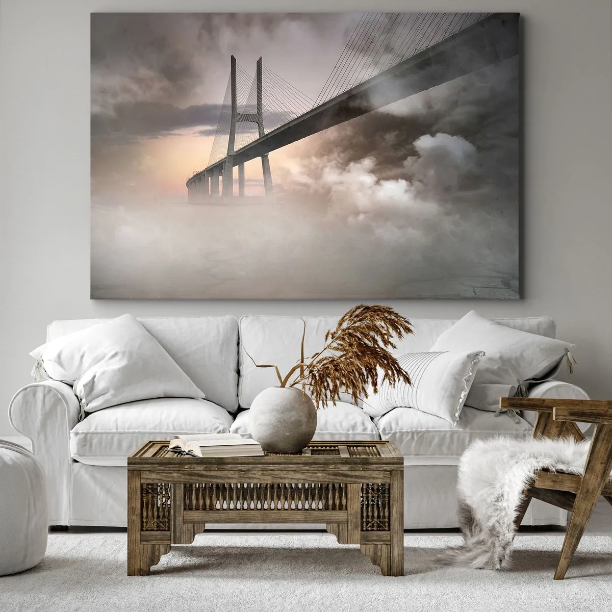 Obraz na plátně - Most přes řeku obklopený ranní mlhou - 70x50cm - U řeky, která není - Moderní nástěnná dekorace do obývacího pokoje a ložnice ARTTOR