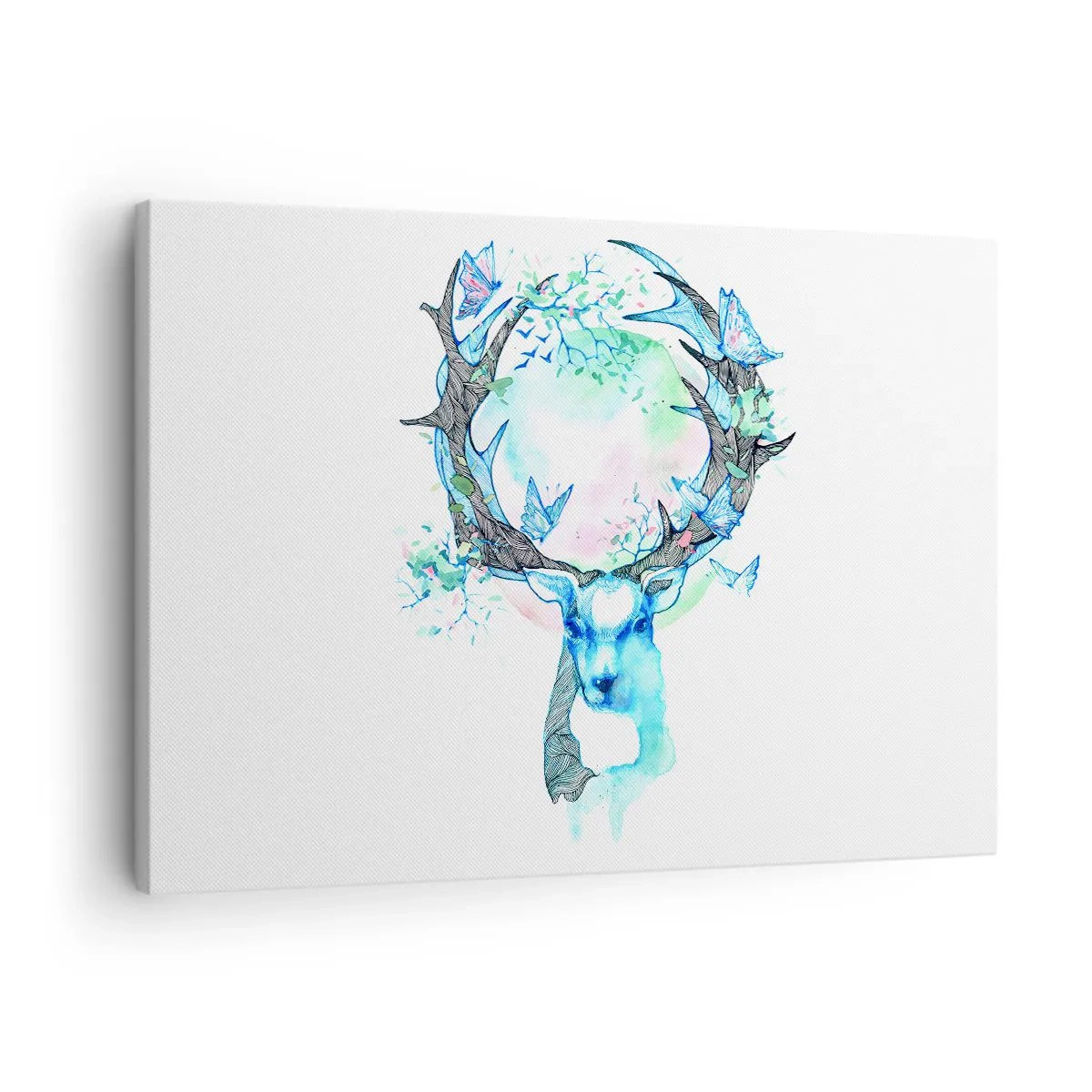 Obraz na plátně - Rozmarná grafika jelena s motivem přírody a motýla - 70x50cm - Síla a jemnost přírody - Moderní nástěnná dekorace do obývacího pokoje a ložnice ARTTOR