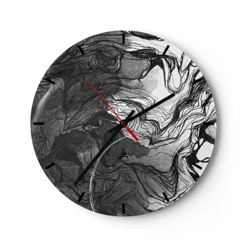 Nástěnné hodiny - Černobílá abstrakce s plynulými liniemi a texturou - 30x30cm - Zapletená ve snech - Moderní nástěnná dekorace do obývacího pokoje, kuchyně a ložnice ARTTOR