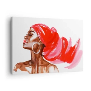 Obraz na plátně - Profil ženy s červeným turbanem a náušnicemi - 70x50cm - „Existuje vítr, který roztahuje mužské nozdry“ - Moderní nástěnná dekorace do obývacího pokoje a ložnice ARTTOR