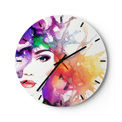 Nástěnné hodiny - Abstraktní ženská tvář obklopená barevnými skvrnami - 30x30cm - S hlavou v oblacích - Moderní nástěnná dekorace do obývacího pokoje, kuchyně a ložnice ARTTOR