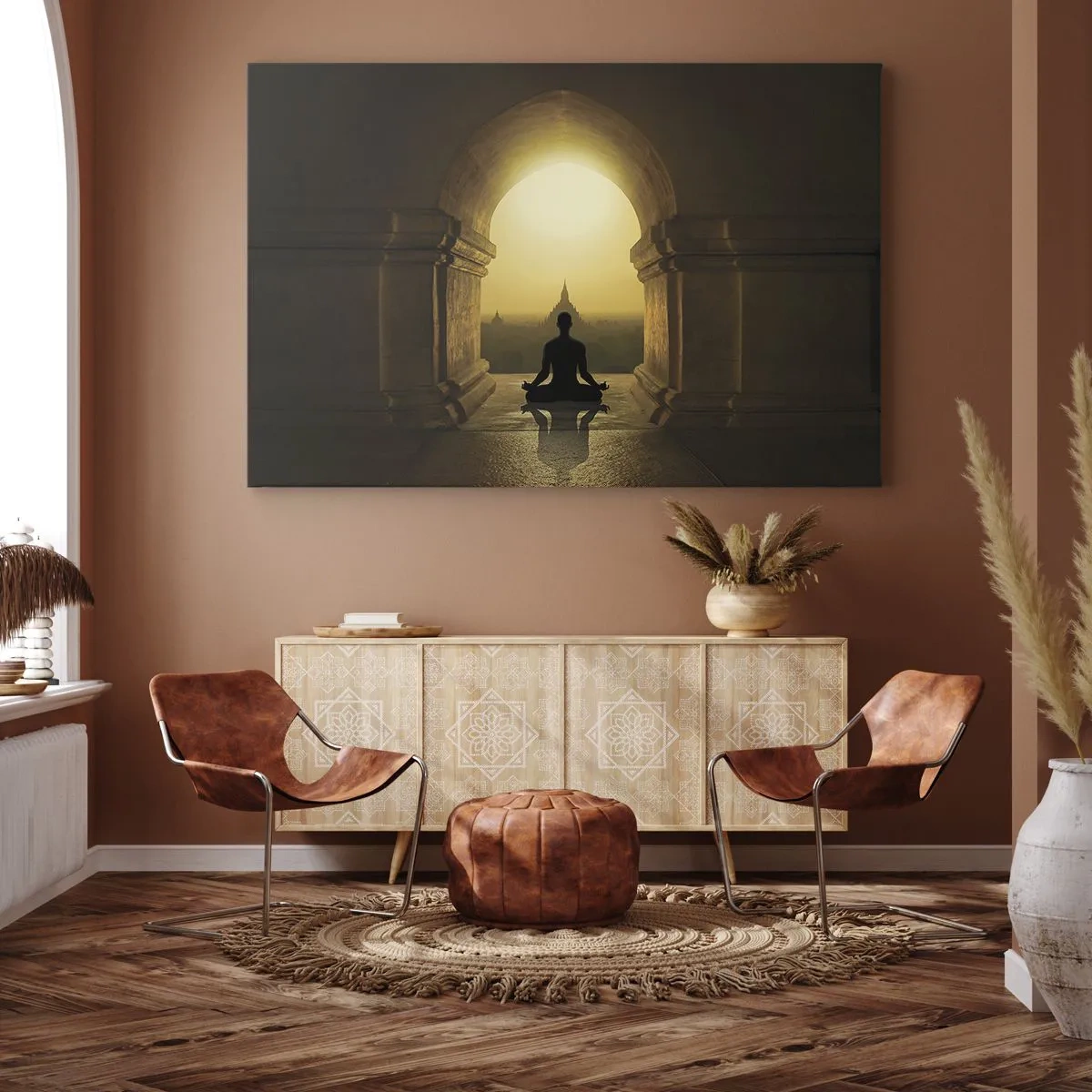 Obraz na plátně - Silueta meditující osoby ve světle zapadajícího slunce - 70x50cm - Plná harmonie - Moderní nástěnná dekorace do obývacího pokoje a ložnice ARTTOR
