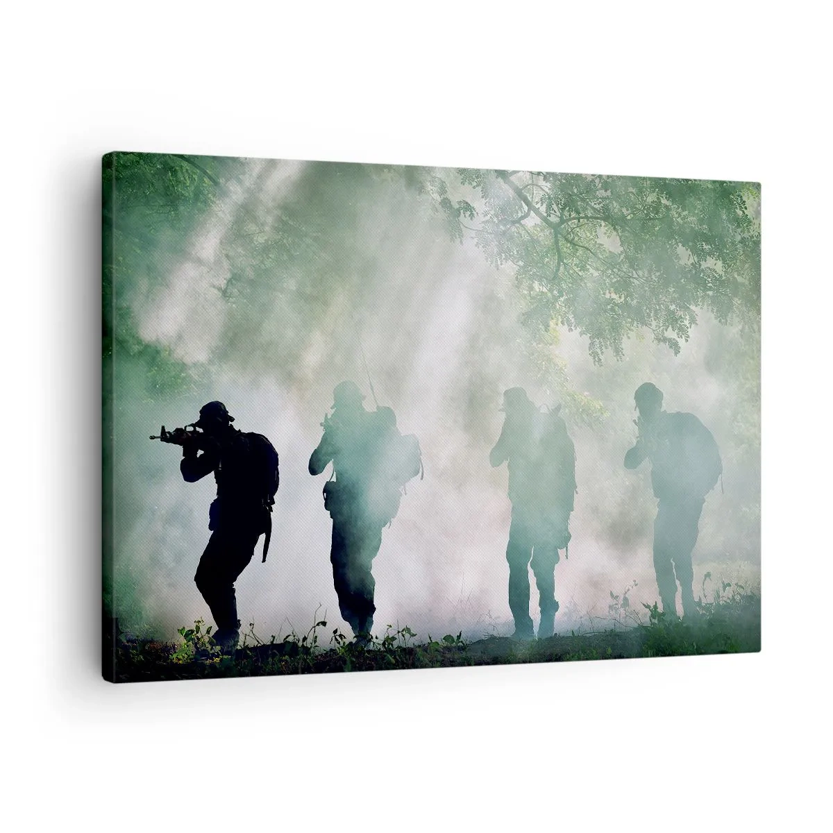 Obraz na plátně - Siluety vojáků v lese obklopeném mlhou - 70x50cm - Jeden za všechny… - Moderní nástěnná dekorace do obývacího pokoje a ložnice ARTTOR