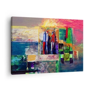 Obraz na plátně - Abstraktní kompozice s postavami a geometrickými vzory - 70x50cm - Vztahy a emoce - Moderní nástěnná dekorace do obývacího pokoje a ložnice ARTTOR