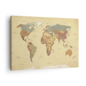 Obraz na plátně - Stylizovaná mapa světa v odstínech béžové a pastelových barev. - 70x50cm - Pro tebe - celý svět - Moderní nástěnná dekorace do obývacího pokoje a ložnice ARTTOR