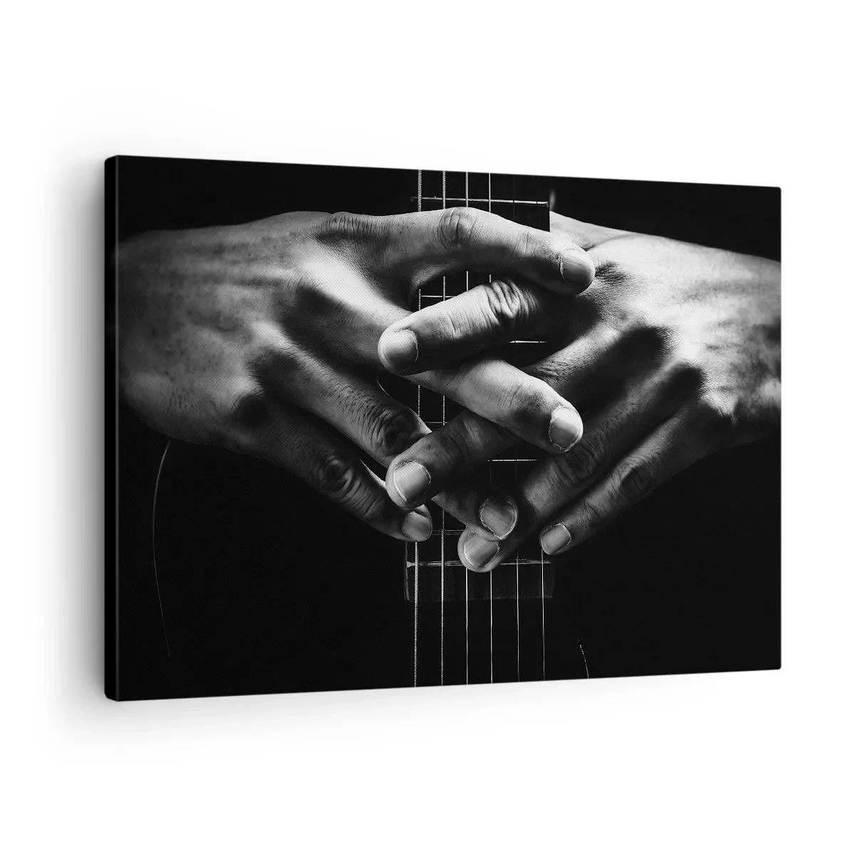 Obraz na plátně - Ruce sepjaté na kytaře v monochromatickém tónu - 70x50cm - Umělcova modlitba - Moderní nástěnná dekorace do obývacího pokoje a ložnice ARTTOR