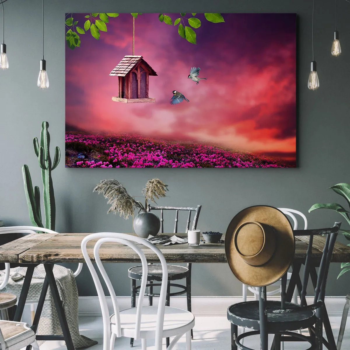Obraz na plátně - Malebná krajina s ptačí budkou a západem slunce - 70x50cm - Pozvání na večeři - Moderní nástěnná dekorace do obývacího pokoje a ložnice ARTTOR