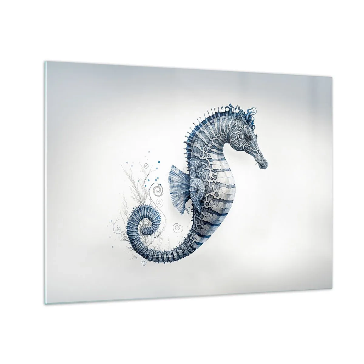 Obraz na skle - Modrý mořský koník na světlém pozadí ve stylu kresby - 70x50cm - Jemný vtip přírody - Moderní nástěnná dekorace do obývacího pokoje a ložnice ARTTOR