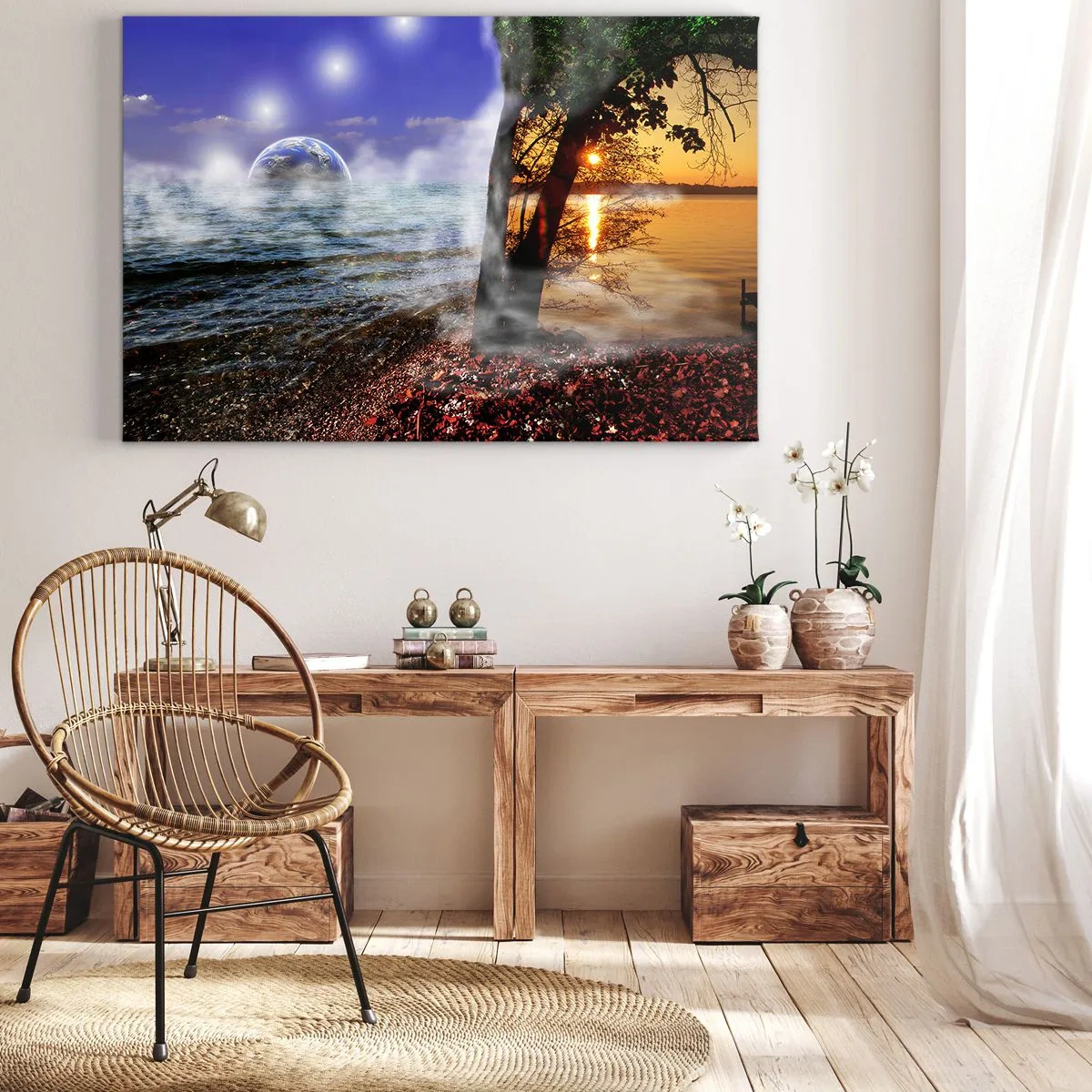 Obraz na plátně - Fantastická krajina s mořem, stromy a západem slunce. - 70x50cm - Surrealistická krajina - jednota přírody - Moderní nástěnná dekorace do obývacího pokoje a ložnice ARTTOR