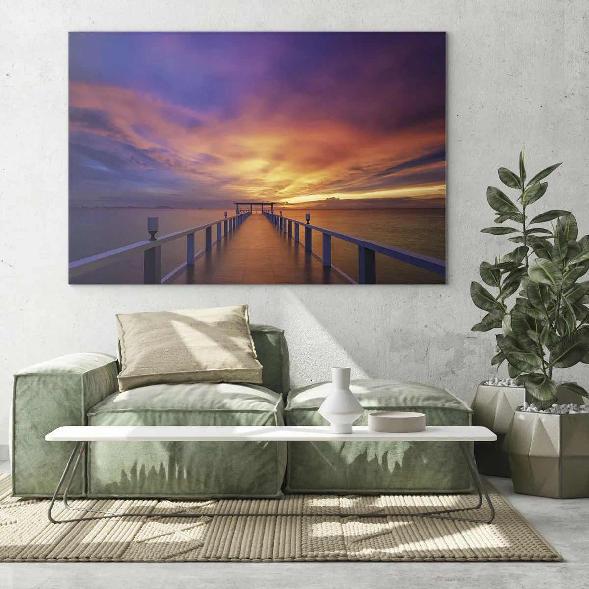 Obraz na skle - Molo na pozadí západu slunce - 70x50cm - Bez konce - Moderní nástěnná dekorace do obývacího pokoje a ložnice ARTTOR