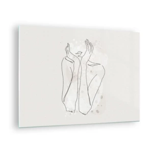 Obraz na skle - Minimalistická skica ženských rukou a rtů na béžovém pozadí. - 70x50cm - Zasněný okamžik - Moderní nástěnná dekorace do obývacího pokoje a ložnice ARTTOR