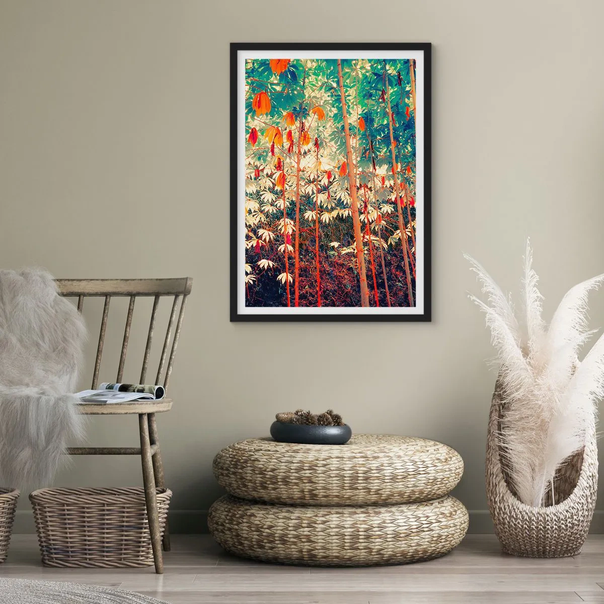 Plakát v černém rámu - Barevný tropický les, v němž dominuje červená a zelená - 50x70cm - Tajný život listů - Moderní nástěnná dekorace do obývacího pokoje a ložnice ARTTOR