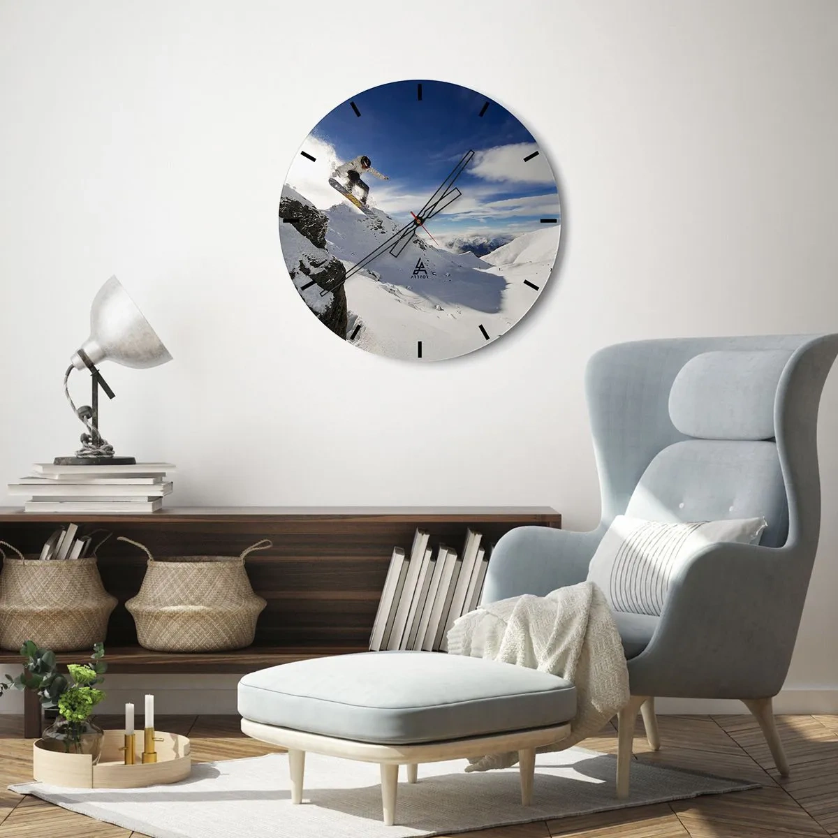 Nástěnné hodiny - Snowboardista v akci s horami v pozadí - 30x30cm - Svoboda bez hranic - Moderní nástěnná dekorace do obývacího pokoje, kuchyně a ložnice ARTTOR