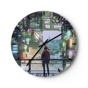 Nástěnné hodiny - Postava ve futuristickém městě s neonovými světly a panoramatem v pozadí - 30x30cm - Dva světy - Moderní nástěnná dekorace do obývacího pokoje, kuchyně a ložnice ARTTOR