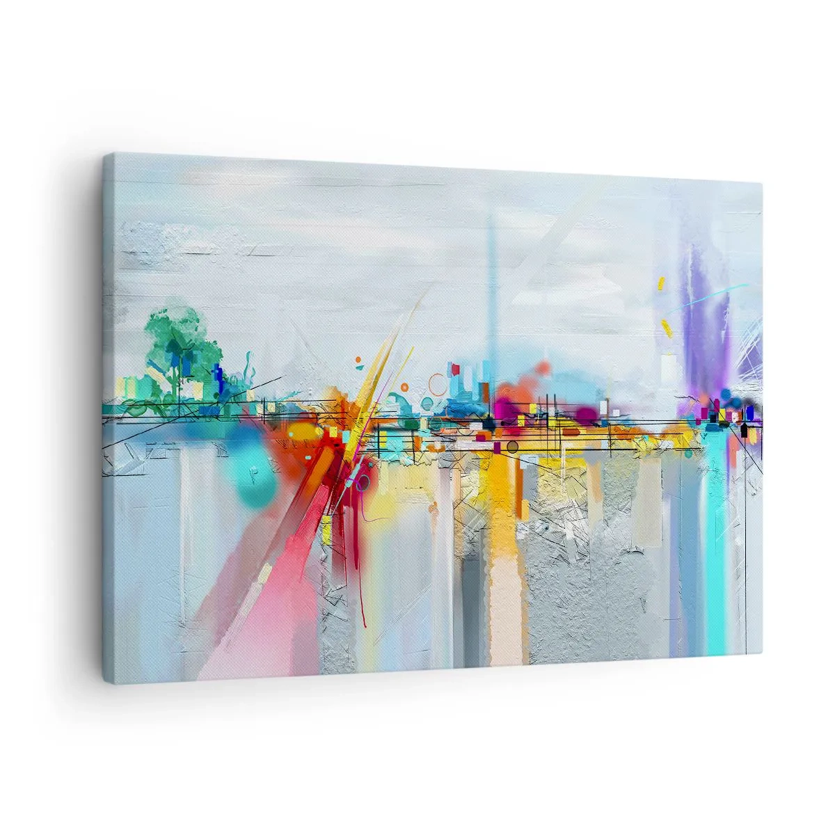 Obraz na plátně - Abstraktní krajina s barevnými akcenty - 70x50cm - Most radosti nad řekou života - Moderní nástěnná dekorace do obývacího pokoje a ložnice ARTTOR