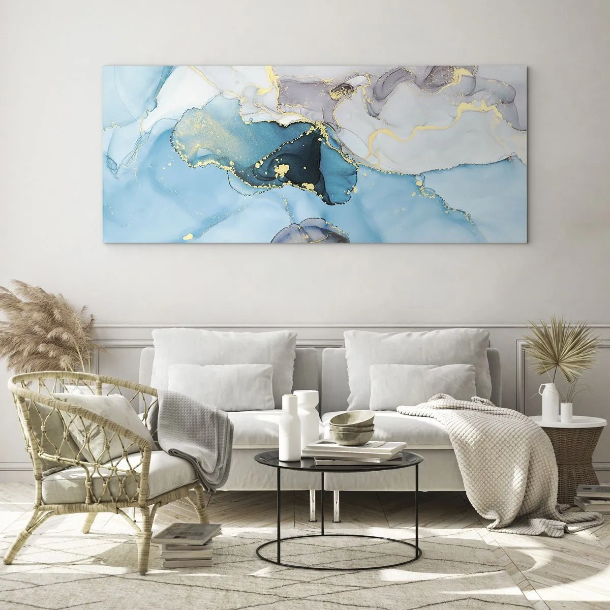 Obraz na skle - Studie o setkání šedé a tyrkysové - 100x40 cm